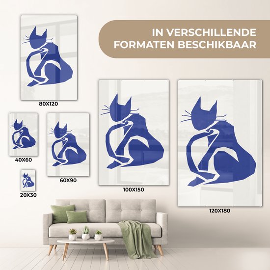 MuchoWow® Peinture sur verre 20x30 cm - Peinture sur verre acrylique - Chat - Animaux domestiques - Blauw - Matisse - Photo sur verre - Peintures