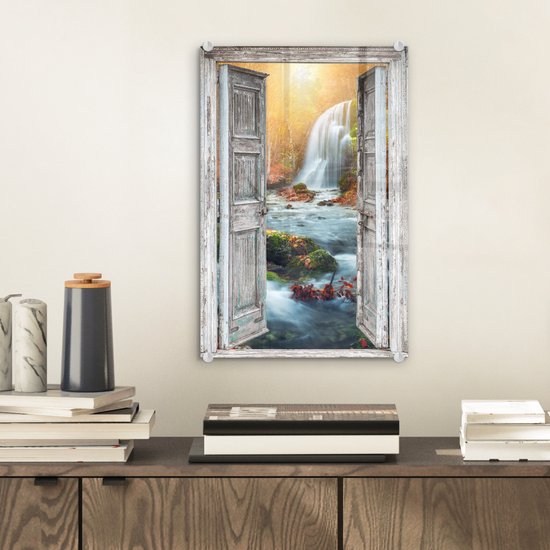 MuchoWow® Peinture sur verre 20x30 cm - Peinture sur verre acrylique - Cascade - Vue à travers - Paysage - Photo sur verre - Décoration murale salon - Décoration murale chambre - Peintures