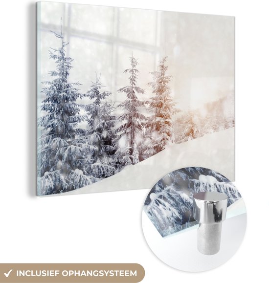 MuchoWow® Glasschilderij 40x30 cm - Schilderij acrylglas - Boom - Sneeuw - Winter - Foto op glas - Schilderijen