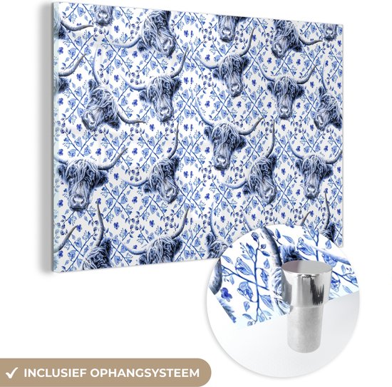 MuchoWow® Peinture sur verre 180x120 cm - Peinture sur verre acrylique - Highlander écossais - Vache - Bleu de Delft - Photo sur verre - Peintures