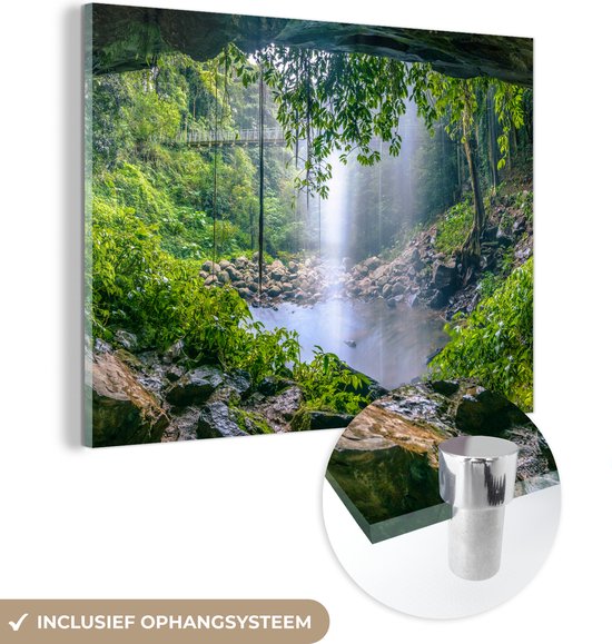 MuchoWow® Peinture sur verre 160x120 cm - Peinture sur verre acrylique - Jungle - Forêt tropicale - Water - Cascade - Plantes - Photo sur verre - Peintures
