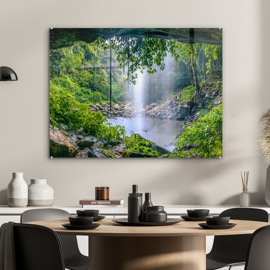 MuchoWow® Peinture sur verre 80x60 cm - Peinture sur verre acrylique - Jungle - Forêt tropicale - Water - Cascade - Plantes - Photo sur verre - Peintures