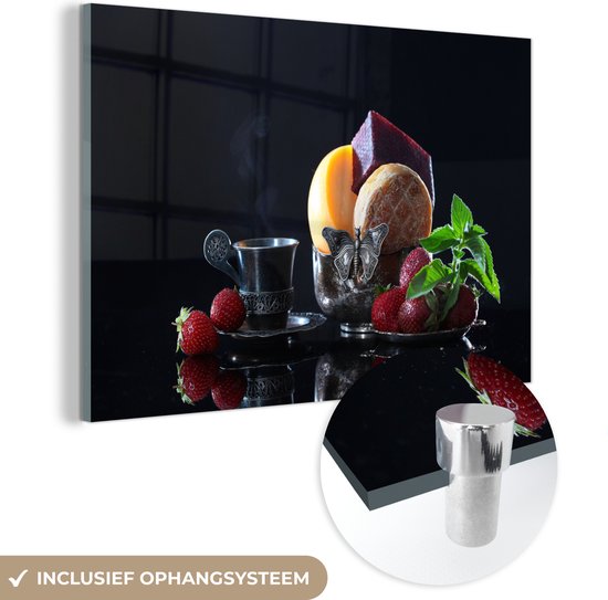 MuchoWow® Glasschilderij 60x40 cm - Schilderij acrylglas - Rustiek - Fruit - Kaas - Tafel - Stilleven - Foto op glas - Schilderijen