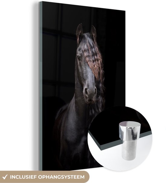 MuchoWow® Glasschilderij 40x60 cm - Schilderij acrylglas - Paarden - Fries - Manen - Zwart - Dieren - Foto op glas - Schilderijen