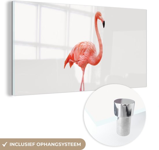 MuchoWow® Glasschilderij 40x20 cm - Schilderij acrylglas - Flamingo - Roze - Vogel - Meisjes - Jongens - Kind - Foto op glas - Schilderijen