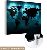 MuchoWow® Glasschilderij 80x60 cm - Schilderij acrylglas - Wereldkaart - Zwart - Blauw - Foto op glas - Schilderijen