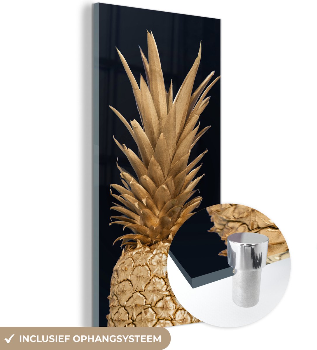 MuchoWow® Glasschilderij 60x120 cm - Schilderij acrylglas - Ananas - Goud - Verf - Zwart -