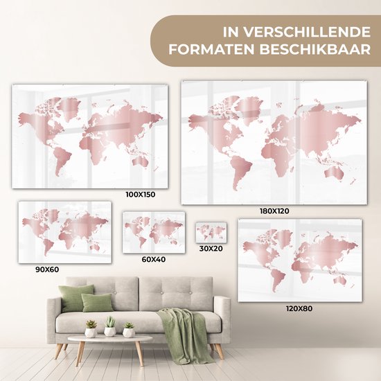 Tableau sur verre MuchoWow® 60x40 cm - Tableau sur verre acrylique - Wereldkaart - Rose - Enfants - Garçons - Filles - Photo sur verre - Décoration murale salon - Décoration murale chambre - Peintures