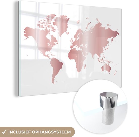 Tableau sur verre MuchoWow® 60x40 cm - Tableau sur verre acrylique - Wereldkaart - Rose - Enfants - Garçons - Filles - Photo sur verre - Décoration murale salon - Décoration murale chambre - Peintures