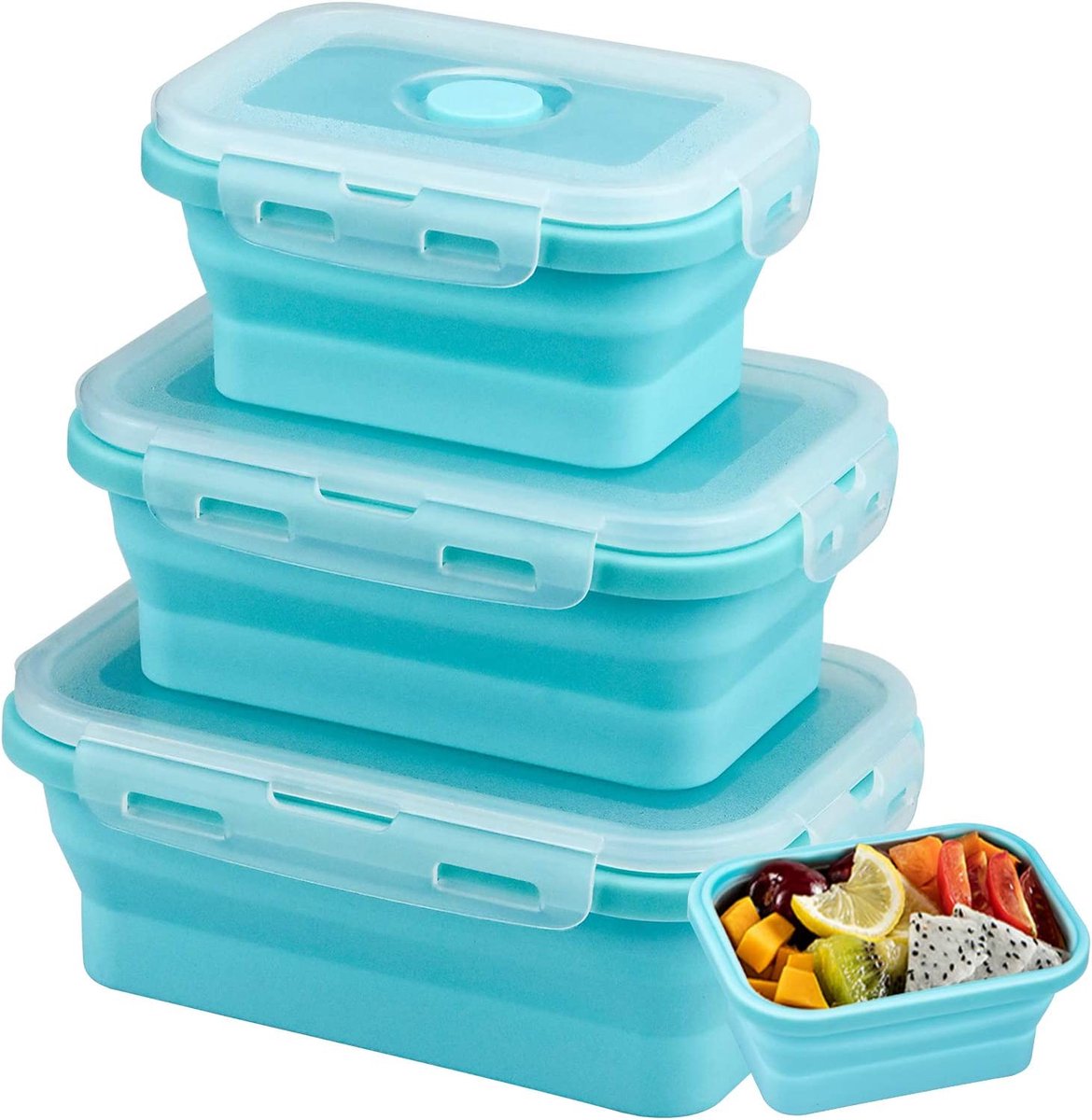 Opvouwbare voedselopbergdozen, set van 3, siliconen lunchboxen, herbruikbare containers, blauwe lunchbox, rechthoekige opbergdozen voor magnetrons, koelkasten, 350/500/800 ml