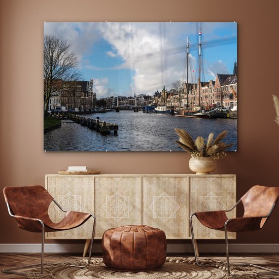 ® Glasschilderij 150x100 cm - Schilderij acrylglas - Brug - Haarlem - Centrum - Foto op glas - Muurdecoratie woonkamer - Wanddecoratie slaapkamer - Schilderijen