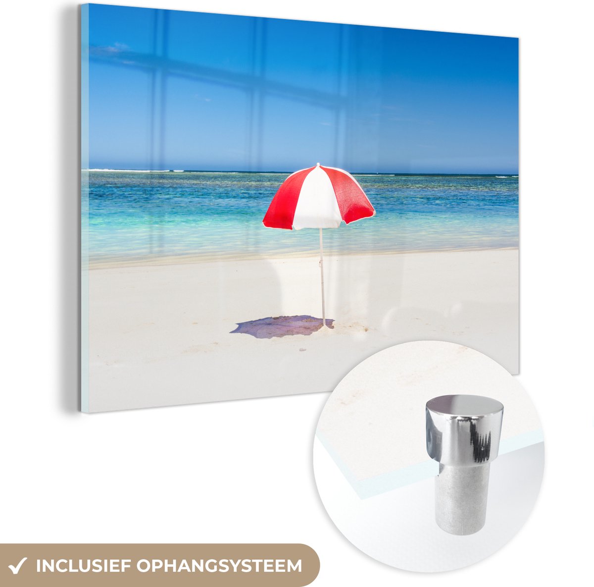 ® Glasschilderij 120x80 cm - Schilderij acrylglas - Parasol op het witte strand van de Kust van Ningaloo - Foto op glas - Muurdecoratie woonkamer - Wanddecoratie slaapkamer - Schilderijen