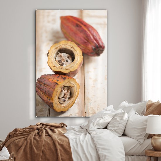 Peinture sur verre MuchoWow® - La coque de la gousse en deux avec les fèves de cacao au milieu - 100x150 cm - Peintures sur verre acrylique - Photo sur Glas