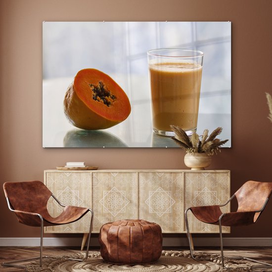 ® Glasschilderij 150x100 cm - Schilderij acrylglas - Papajasmoothie gemaakt van een stuk papaja fruit - Foto op glas - Muurdecoratie woonkamer - Wanddecoratie slaapkamer - Schilderijen