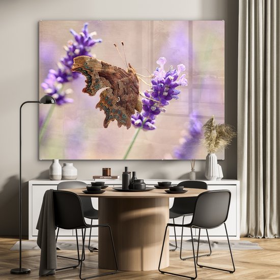 MuchoWow® Peinture sur verre 160x120 cm - Peinture sur verre acrylique - Le papillon aurelia craquelé boit du nectar - Photo sur verre - Peintures