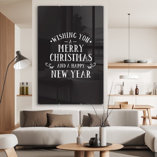 ® Glasschilderij 120x180 cm - Schilderij acrylglas - Kerst quote Wishing you a merry Christmas tegen een zwarte achtergrond - Foto op glas - Muurdecoratie woonkamer - Wanddecoratie slaapkamer - Schilderijen