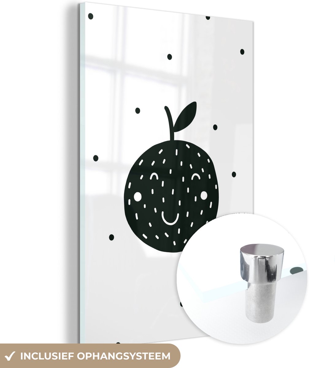 ® Glasschilderij 80x120 cm - Schilderij acrylglas - Fruit - Zwart - Wit - Kinderen - Jongens - Meisjes - Baby - Foto op glas - Muurdecoratie woonkamer - Wanddecoratie slaapkamer - Schilderijen