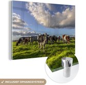 MuchoWow® Glasschilderij 150x100 cm - Schilderij acrylglas - Koeien - Licht - Gras - Foto op glas - Schilderijen