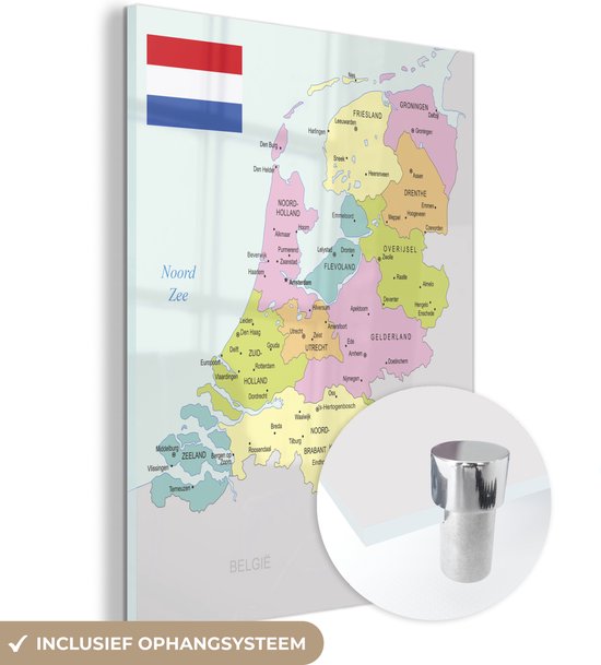 MuchoWow® Glasschilderij 60x80 cm - Schilderij acrylglas - Pastel gekleurde kaart van Nederland - Foto op glas - Schilderijen