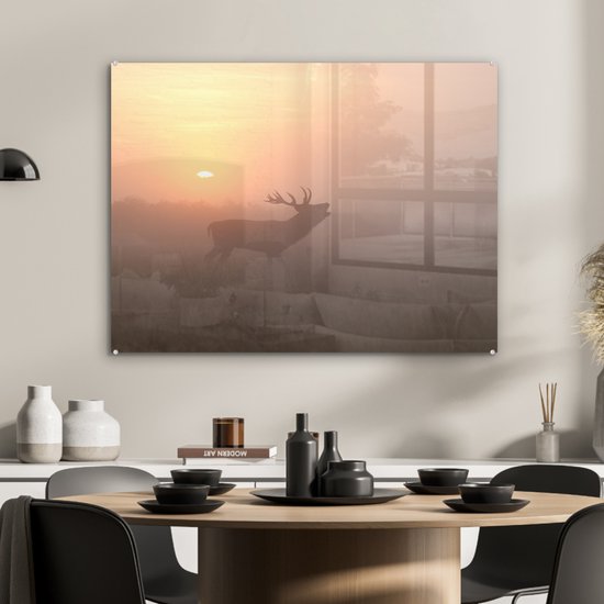 MuchoWow® Peinture sur Verre - Cerf - Soleil - Brouillard - 80x60 cm - Peintures sur Verre Acrylique - Photo sur Glas
