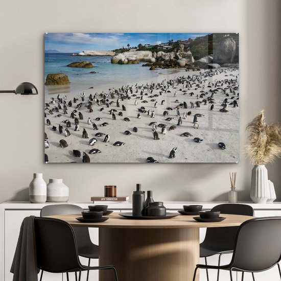 Een groep pinguïns op een zandstrand bij de oceaan, met rotsen en huizen op de achtergrond.