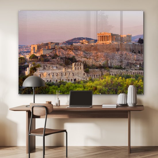 ® Glasschilderij 180x120 cm - Schilderij acrylglas - Tempel - Griekenland - Berg - Foto op glas - Muurdecoratie woonkamer - Wanddecoratie slaapkamer - Schilderijen