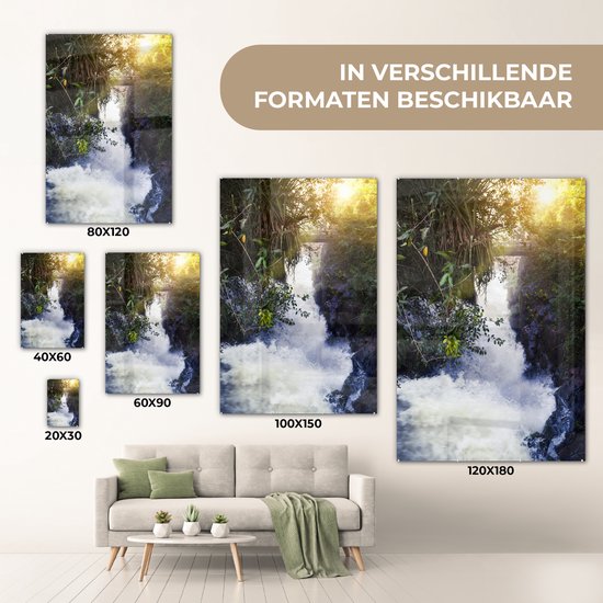 ® Glasschilderij 100x150 cm - Schilderij acrylglas - Prachtige foto van het landschap van het Nationaal park Iguazú met een doorbrekende zon - Foto op glas - Muurdecoratie woonkamer - Wanddecoratie slaapkamer - Schilderijen