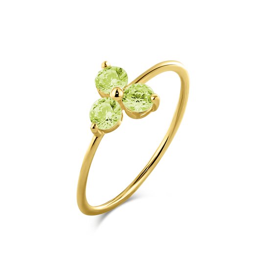 Silventi 9NBSAM-G230082 Gouden Ring met Drie Zirkonia Steentjes - Dames - Bloem - 7,3x7,7mm - Olijf Groen - Maat 54 - 14 Karaat - Goud