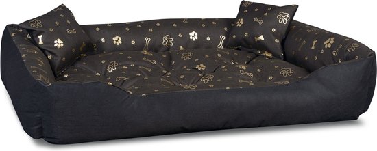 KingDog Honden- en kattenbed met twee kussens - Zwart met Gold- 90 x 75 cm