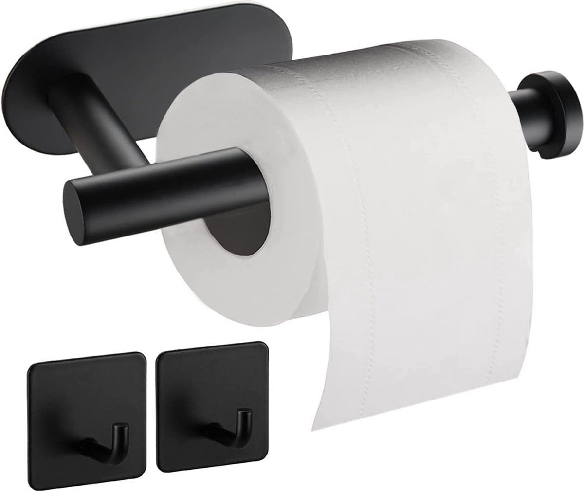 Toiletrolhouder zonder boren Toiletrolhouder met 2 kleefhaken Zwarte toiletrolhouder van RVS Zelfklevende toiletrolhouder voor badkamers