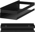Zwarte RVS doucheplank, 30 cm lang, met een strak design en opstaande randen.