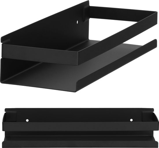 Zwarte RVS doucheplank, 30 cm lang, met een strak design en opstaande randen.