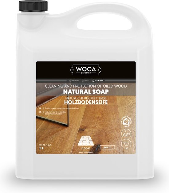 WOCA Natuurzeep Wit, 5L. Reiniging en bescherming van geolied hout.
