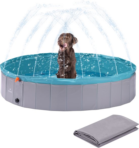 Navaris opvouwbaar hondenzwembad van kunststof - Geen pomp nodig en met afvoer - Voor grote en kleine honden - 160 x 30 cm - Met ingebouwde sproeier