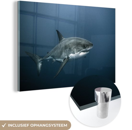 MuchoWow® Glasschilderij 120x80 cm - Schilderij acrylglas - Een grote witte haai in donker water - Foto op glas - Schilderijen