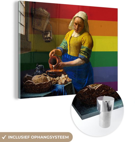 Glasschilderij - 30x40 cm - Cappuccino - Vermeer - Melkmeisje - Barista - Koffie - Vintage
