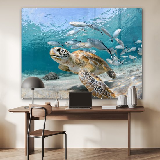 MuchoWow® Glasschilderij 160x120 cm - Schilderij acrylglas - Schildpad - Vis - Zee - Foto op glas - Muurdecoratie woonkamer - Wanddecoratie slaapkamer - Schilderijen