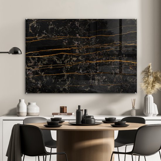 MuchoWow® Peinture sur Verre - Marbre - Zwart - Or - Veine - 120x80 cm - Peintures sur Verre Acrylique - Photo sur Glas