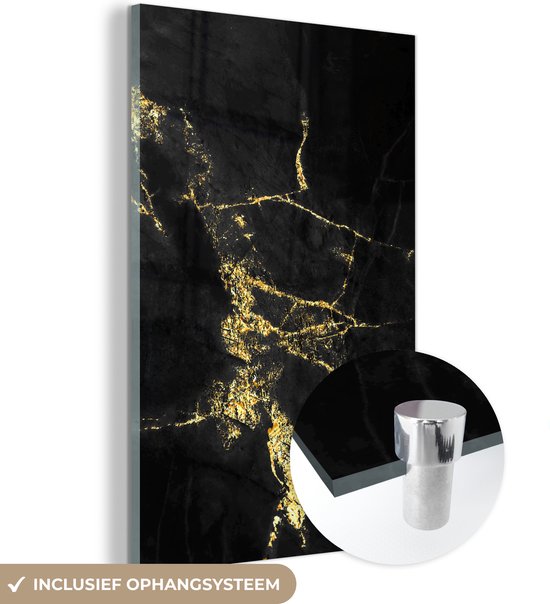 MuchoWow® Glasschilderij 60x90 cm - Schilderij acrylglas - Marmer - Zwart - Goud - Luxe - Foto op glas - Schilderijen