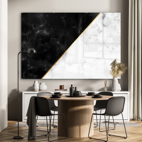 MuchoWow® Peinture sur verre 150x100 cm - Peinture acrylique sur verre - Marbre - Wit - Zwart - Or - Photo sur verre - Peintures