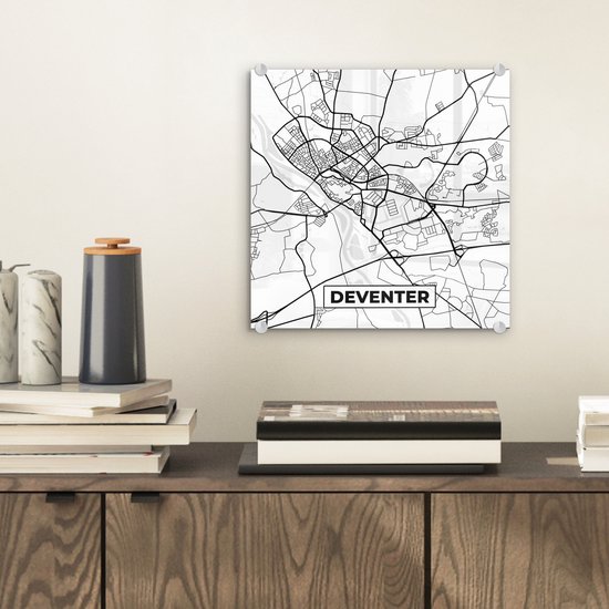 MuchoWow® Peinture sur Verre - Carte - Deventer - Zwart - Wit - 20x20 cm - Peintures sur Verre Acrylique - Photo sur Glas