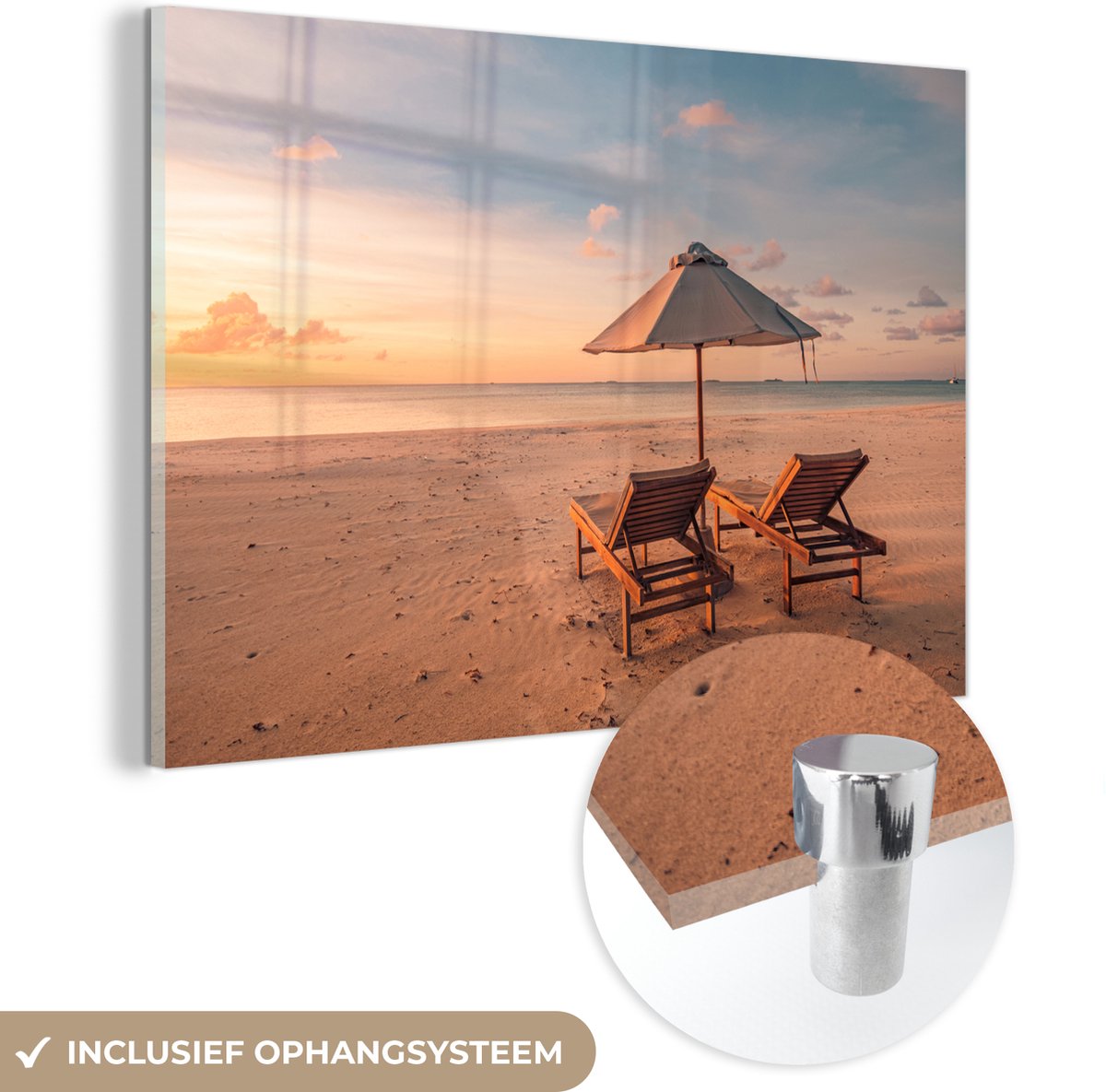 MuchoWow® Glasschilderij 60x40 cm - Schilderij acrylglas - Strand - Ligbed - Parasol - Fot
