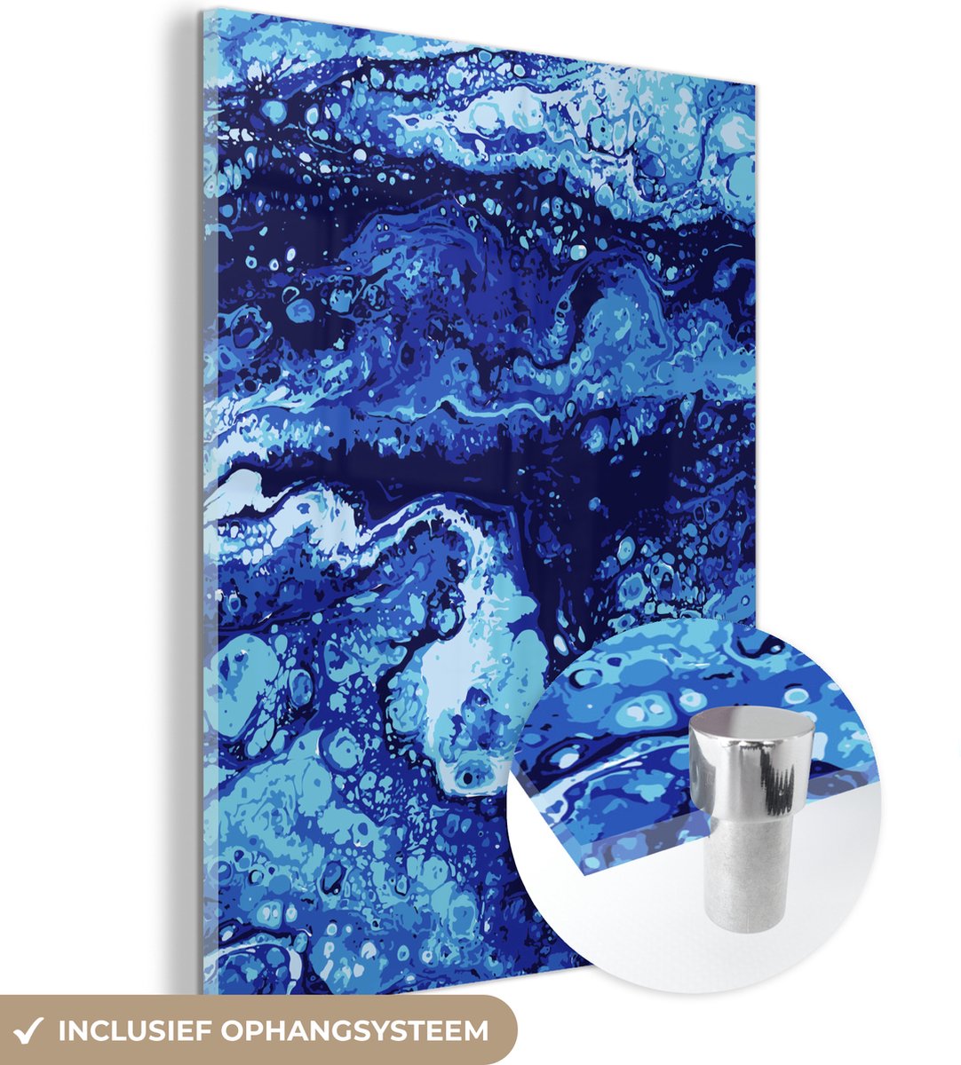 ® Glasschilderij 90x120 cm - Schilderij acrylglas - Marmer - Blauw - Waterverf - Foto op glas - Muurdecoratie woonkamer - Wanddecoratie slaapkamer - Schilderijen