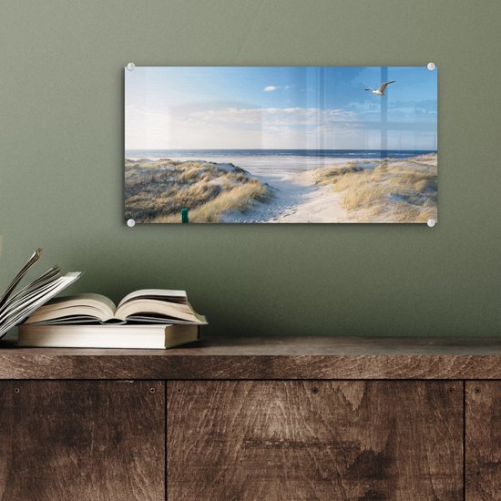 Peinture sur verre - Feuille acrylique - Mouette - Mer - Dunes - Décoration murale - 40x20 cm - Décoration d'intérieur - Peinture sur verre mer - Photo sur verre - Verre acrylique - Décoration murale
