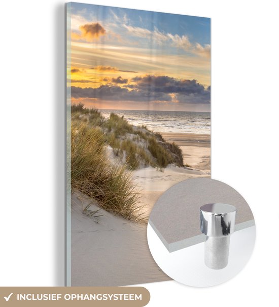 Tableau sur verre - Photo sur verre - Plage - Mer - Soleil - Dune - Décoration murale - 40x60 cm - Tableau sur verre - Décoration de chambre - Verre acrylique - Peintures salon - Portrait d'été