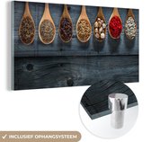 MuchoWow® Glasschilderij 40x20 cm - Schilderij acrylglas - Kruiden - Lepels - Hout - Keuken - Specerijen - Industrieel - Foto op glas - Schilderijen