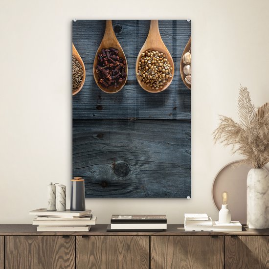 MuchoWow® Glasschilderij 40x60 cm - Schilderij acrylglas - Kruiden - Lepels - Hout - Keuken - Specerijen - Industrieel - Foto op glas - Schilderijen