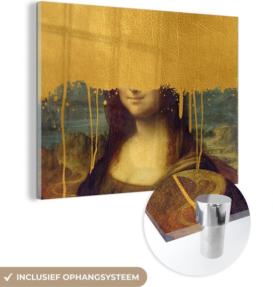 MuchoWow® Glasschilderij 80x60 cm - Schilderij acrylglas - Mona Lisa - Goud - Da Vinci - Foto op glas - Schilderijen