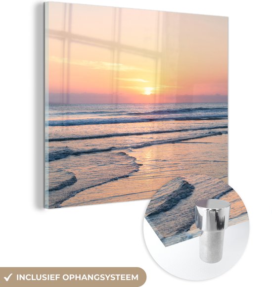 MuchoWow® Glasschilderij 20x20 cm - Schilderij acrylglas - Zee - Pastel - Zon - Foto op glas - Schilderijen