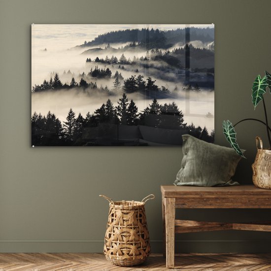 MuchoWow® Peinture sur Verre - Illustration Zwart& Blanc de Redwood dans le Brouillard - 90x60 cm - Peintures sur Verre Acrylique - Photo sur Glas